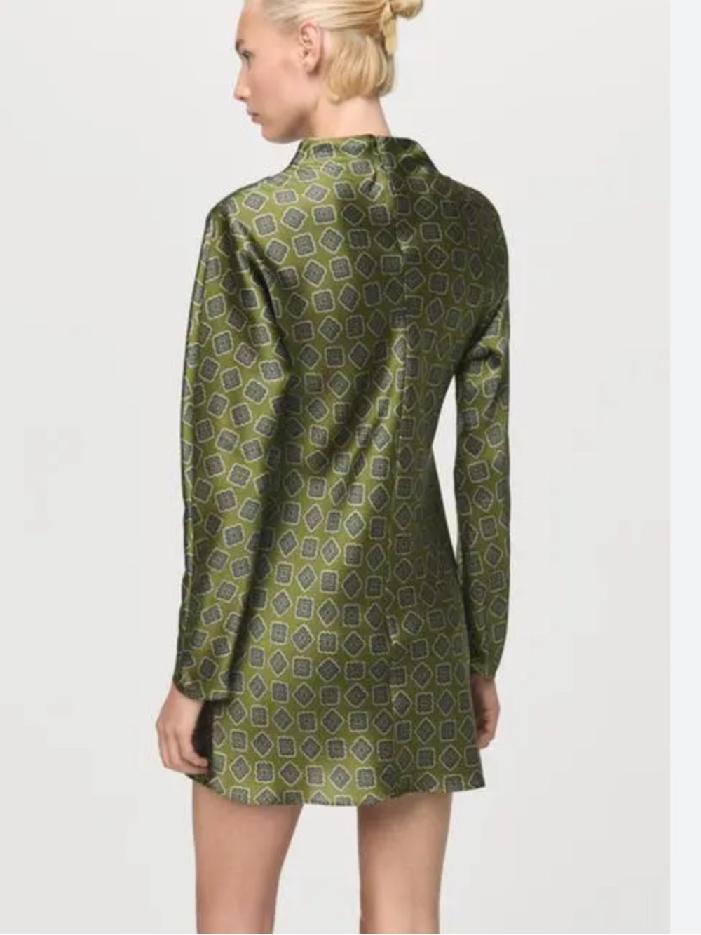Mango Olive Green Geometric Satin Long-Sleeve Mini Dress - Picture 3 of 7
